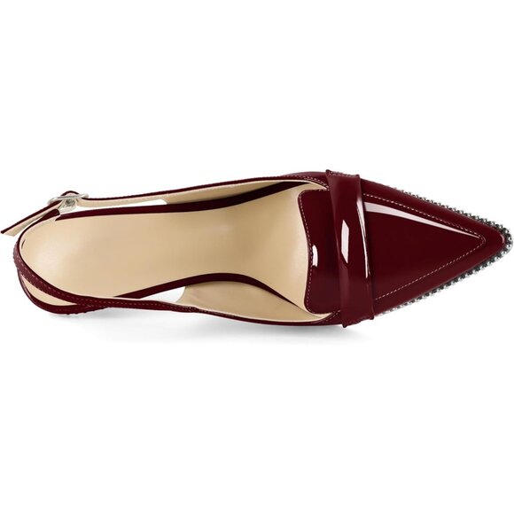 Women Burgundy Stiletto Beaded Shoes Pointed Toe Slip On Loafers Slingback Heels - Picture 6 of 6